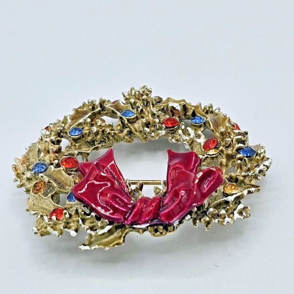 ART Christmas Wreath Brooch Vintage Enamel Signed Holiday Arthur Pepper Jewelry - Picture 4 of 11